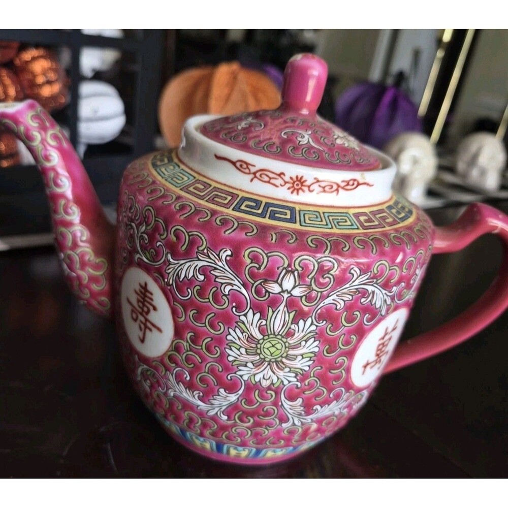 Vintage Famille Rose Mun Shou Chinese Porcelain Teapot Pink Longevity Medallion